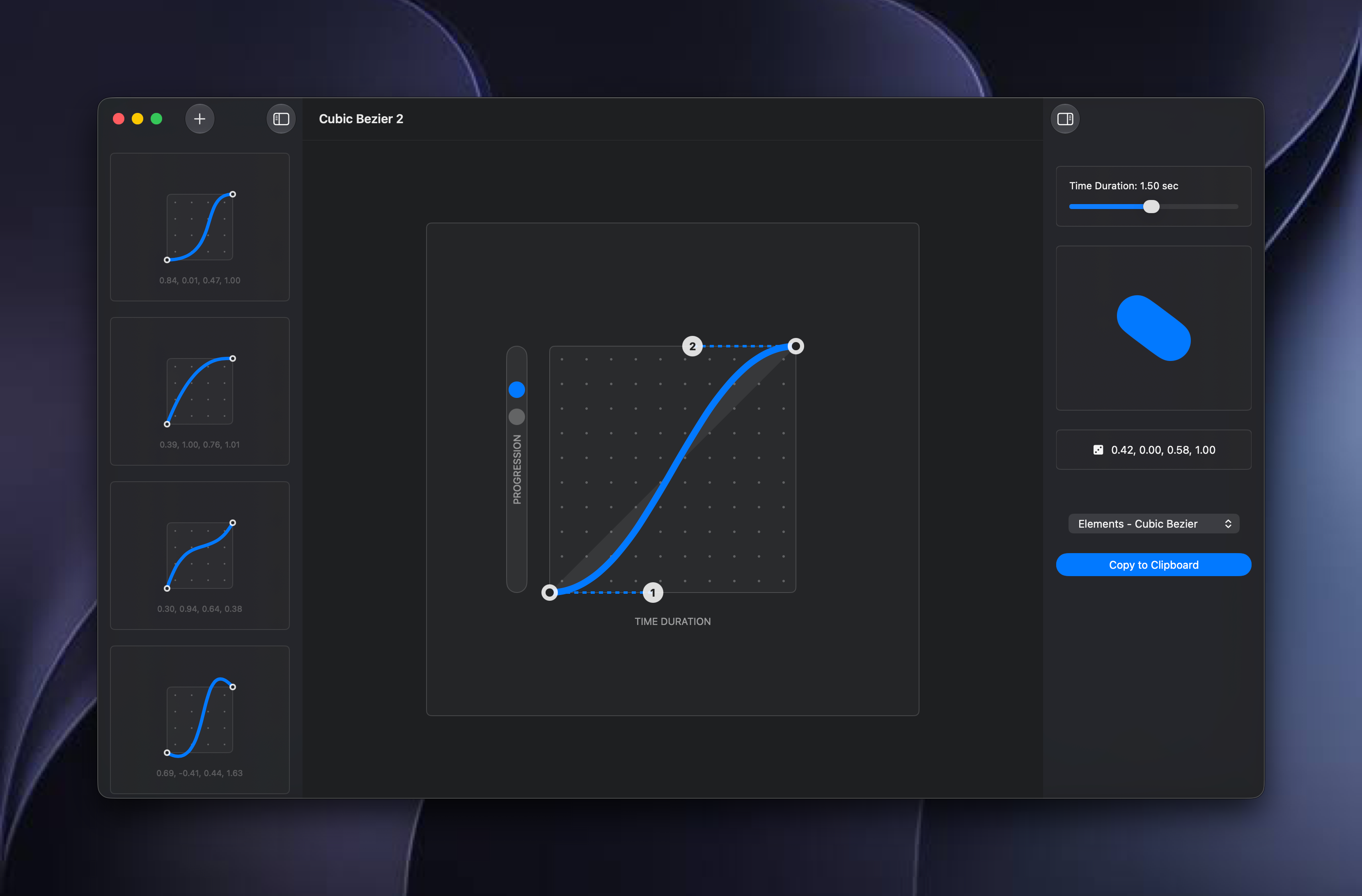 Cubic Bezier 2 window showing an editable easing curve, presets, live preview, and copy to clipboard